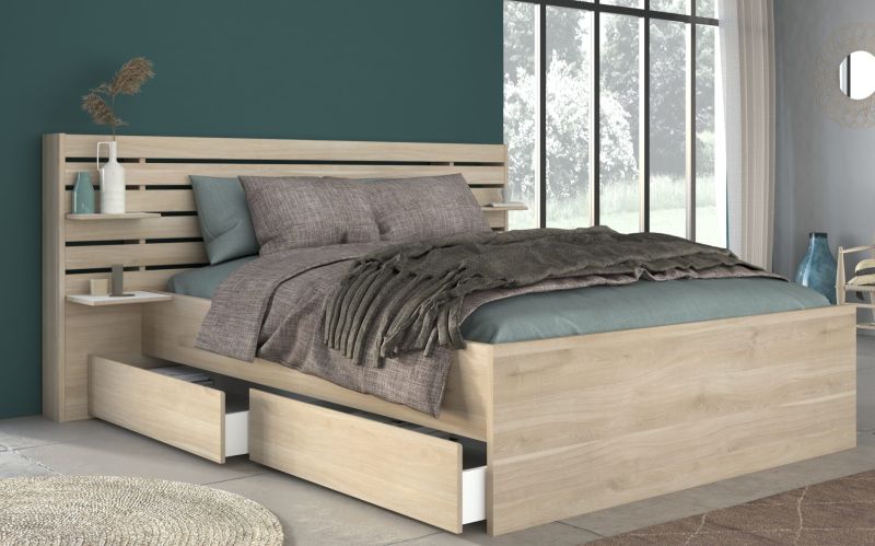 Stauraumbett Escale von Parisot Funktionsbett in Japanische Eiche mit Stauraum komplett Set – verschiedene Bettgrößen wählbar