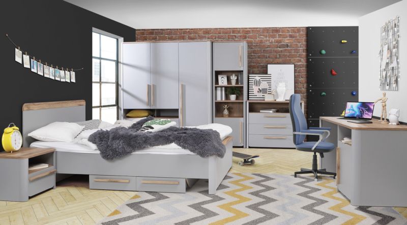 Jugendzimmer Surfino 7 teilig in Grau und Catania Eiche Kinderzimmer Komplett Set