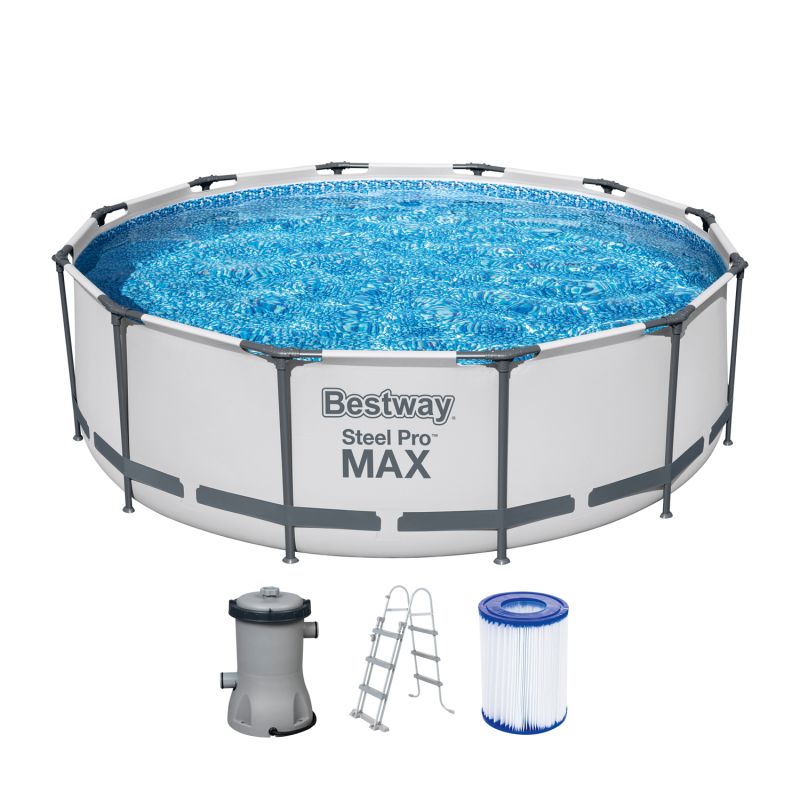 Bestway 56418 Steel Pro Max™ Frame Pool Ø 366 x 100 cm – Komplett-Set mit Filterpumpe, lichtgrau, rund