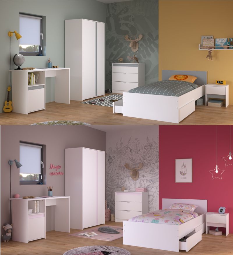Jugendzimmer Pirouette in Weiß mit Rosa oder Kieselgrau Kinderzimmer Komplett Set von Parisot Möbel – in verschiedenen Varianten wählbar