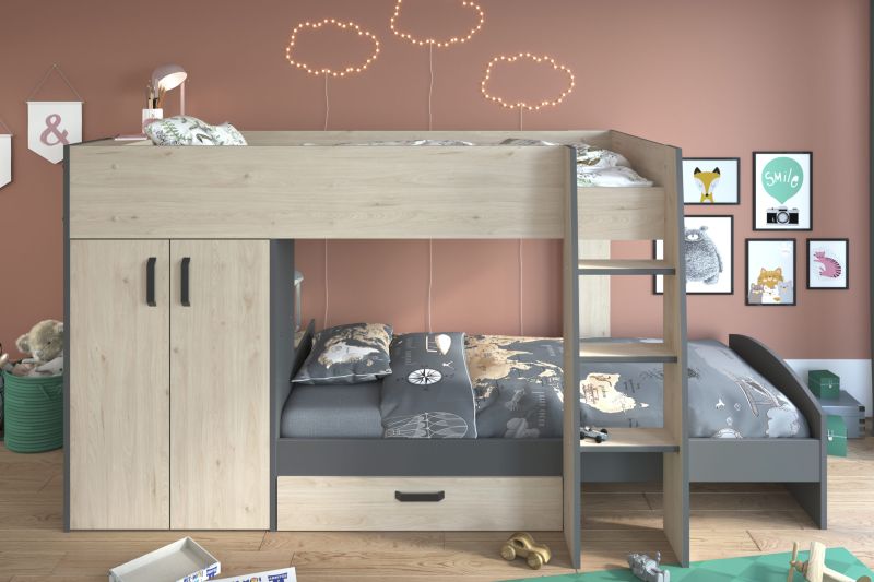Etagenbett Stim 2 von Parisot Jugendbett Funktionsbett in Eiche Jackson und Grau, 2 Liegeflächen mit 90 x 200 cm komplett Set