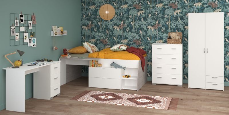 Jugendzimmer Milky von Parisot Kinderzimmer Komplett Set in Weiß und Grey Loft mit halbhohem Hochbett – Verschiedene Set Varianten