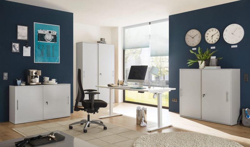 Büro Shove Pronto Büromöbel komplett Set 4 teilig in Grau mit elektrisch höhenverstellbaren Schreibtisch