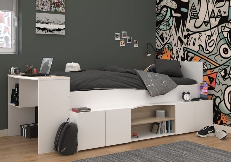 Halbhohes Hochbett Cleo 1 von Parisot Jugendbett Funktionsbett 90 x 200 cm in Weiß und Jackson Eiche mit Stauraum komplett Set