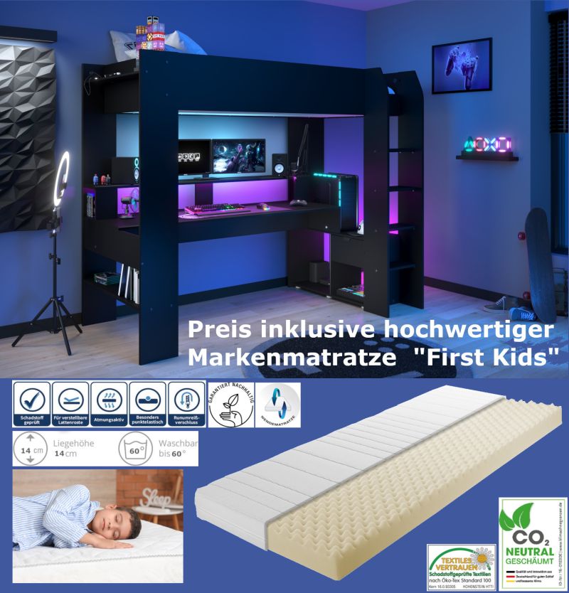 Gaming Hochbett Online 1 von Parisot Jugendbett 90 x 200 cm in Schwarz mit LED Beleuchtung komplett Set wahlweise mit Matratze