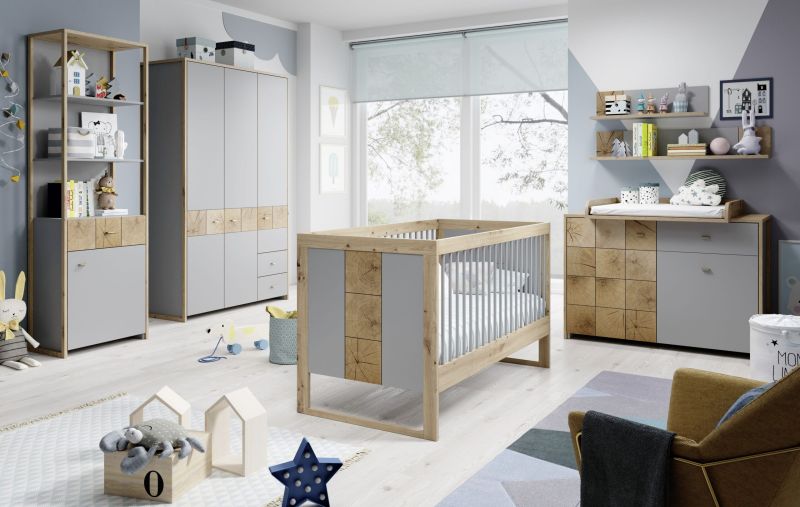 Babyzimmer Flavo Arktisgrau und Artisan Eiche Kinderzimmer Komplett Set in verschiedenen Varianten wählbar