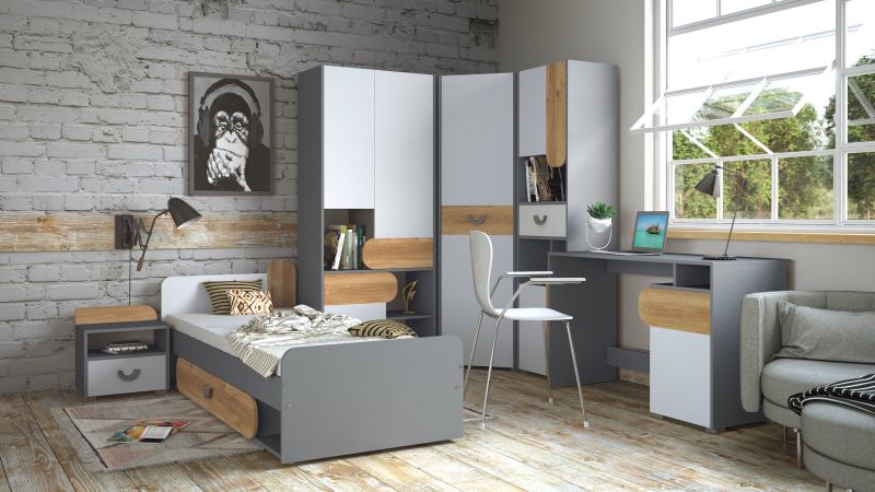 Jugendzimmer Carini 7 teilig in Graphit, Eiche und Weiß Kinderzimmer Komplett Set