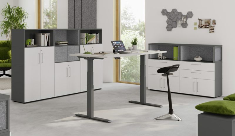 Büro Easy Office 6 teilig Büromöbel Komplett Set in Graphit und Weiß von der Marke Hammerbacher, werkzeuglose Montage mit patentierter Threespine® click furniture technology