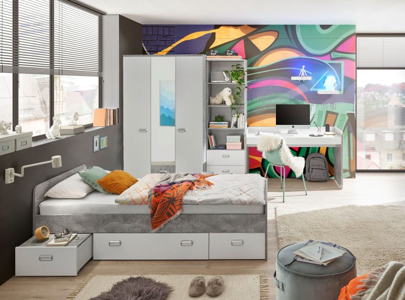 Jugendzimmer Matino 4 teilig in Beton hell und Weiß Kinderzimmer Komplett Set