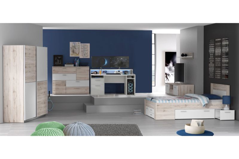 Jugendzimmer Steffie 5 teiliges Gamingzimmer in Sandeiche und Weiß Kinderzimmer Komplett Set mit Gamingschreibtisch und Beleuchtung