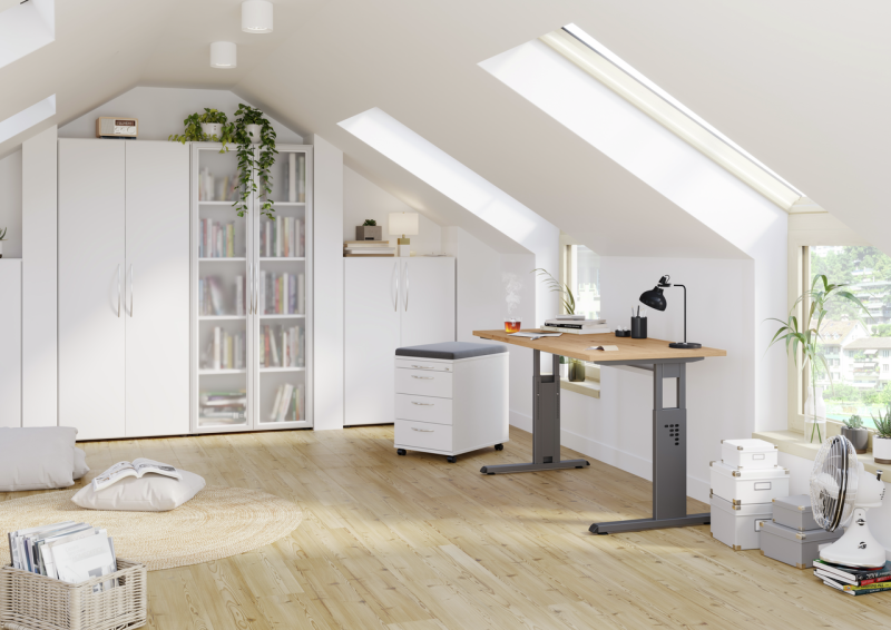 Büro Basic Office 6 teilig Büromöbel Komplett Set in Weiß mit Elementen in Asteiche-Dekor und in Graphit von der Marke Hammerbacher