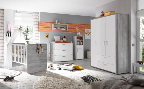tolles und geräumiges Babyzimmer Frieda Kinderzimmer Komplett Set in Vintage Wood Grey und Weiß matt in verschiedenen Varianten wählbar