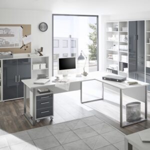 funktionales Büro Office Line Lux Büromöbel Komplett Set in Platingrau mit lackierten Fronten in Graphit – verschiedene Varianten wählbar