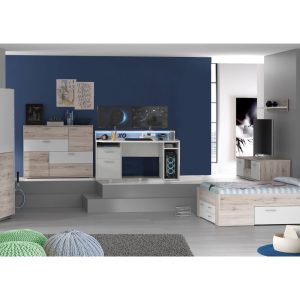 Gamer Jugendzimmer Steffie 5 teiliges Gamingzimmer in Sandeiche und Weiß Kinderzimmer Komplett Set mit Gamingschreibtisch und Beleuchtung