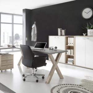 stylisches Büro Mister Office 5 teiliges Büromöbel komplett Set in Eiche Sägerau mit weißen Fronten von Mäusbacher