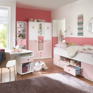 märchenhaftes Jugendzimmer Cindy 5 teilig in Weiß und Rosé mit Krönchenapplikation Kinderzimmer Prinzessinnenzimmer Komplett Set Made in Germany