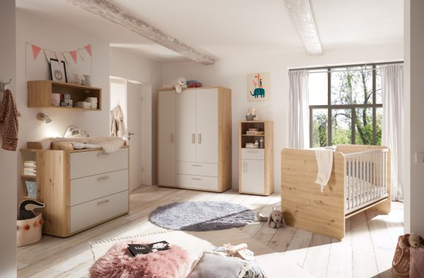 modernes Babyzimmer Lilly Kinderzimmer Komplett Set in Asteiche und Kreidegrau matt Lack
