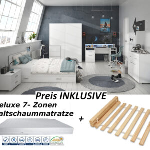 modernes Jugendzimmer Tezaur "Snow" in Weiß Gamingzimmer mit RGB LED Komplett Set in verschiedenen Varianten wählbar