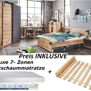 modernes Jugendzimmer Liverpool Kinderzimmer Komplett Set in Plankeneiche und Graphit – Einzelmöbel und verschiedene Set Varianten
