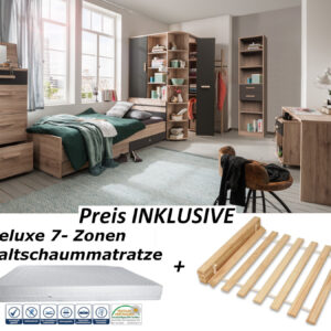 mordernes Jugendzimmer Cariba in Eiche San Remo und Graphit Kinderzimmer Komplett Set Made in Germany wahlweise mit Matratze und Lattenrost– in verschiedenen Varianten wählbar