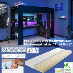 stylisches Gaming Hochbett Online 1 von Parisot Jugendbett 90 x 200 cm in Schwarz mit LED Beleuchtung komplett Set wahlweise mit Matratze