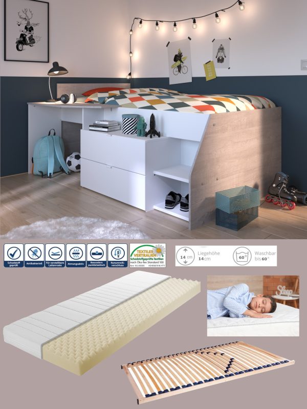 funktionales Halbhohes Hochbett Milky von Parisot in Weiß und Grey Loft oder in Schwarz und Jackson Eiche wahlweise mit Lattenrost und Matratze - in verschiedenen Varianten wählbar