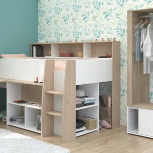 stilvolles Jugendzimmer Lucas von Parisot mit Hochbett in Japanischer Eiche und Weiß komplett Set - verschiedene Varianten wählbar