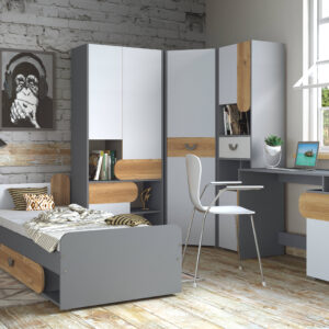 modernes und verspieltes Jugendzimmer Carini 6 teilig in Graphit, Eiche und Weiß Kinderzimmer Komplett Set