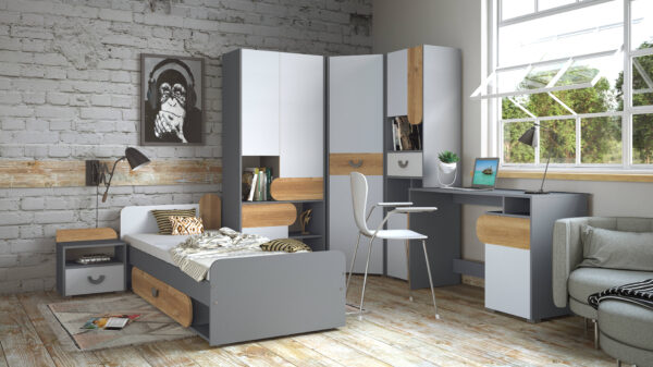modernes und verspieltes Jugendzimmer Carini 6 teilig in Graphit, Eiche und Weiß Kinderzimmer Komplett Set
