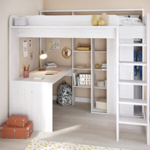 funktionales Hochbett Higher von Parisot Jugendbett 90 x 200 cm in Kiefer Hell komplett Set mit integriertem Schreibtisch und Kleiderschrank