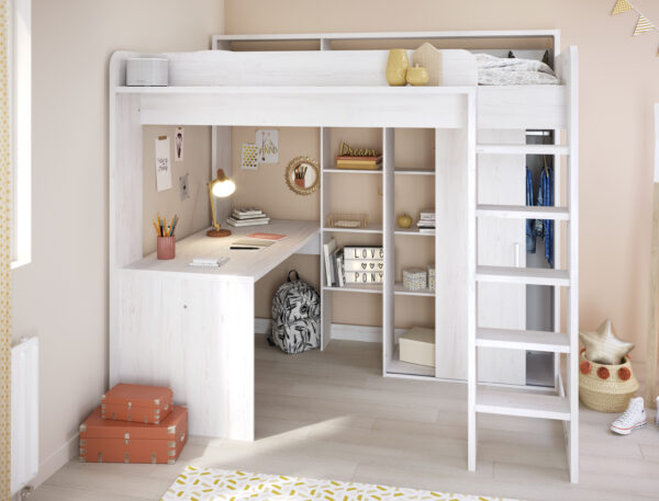 funktionales Hochbett Higher von Parisot Jugendbett 90 x 200 cm in Kiefer Hell komplett Set mit integriertem Schreibtisch und Kleiderschrank