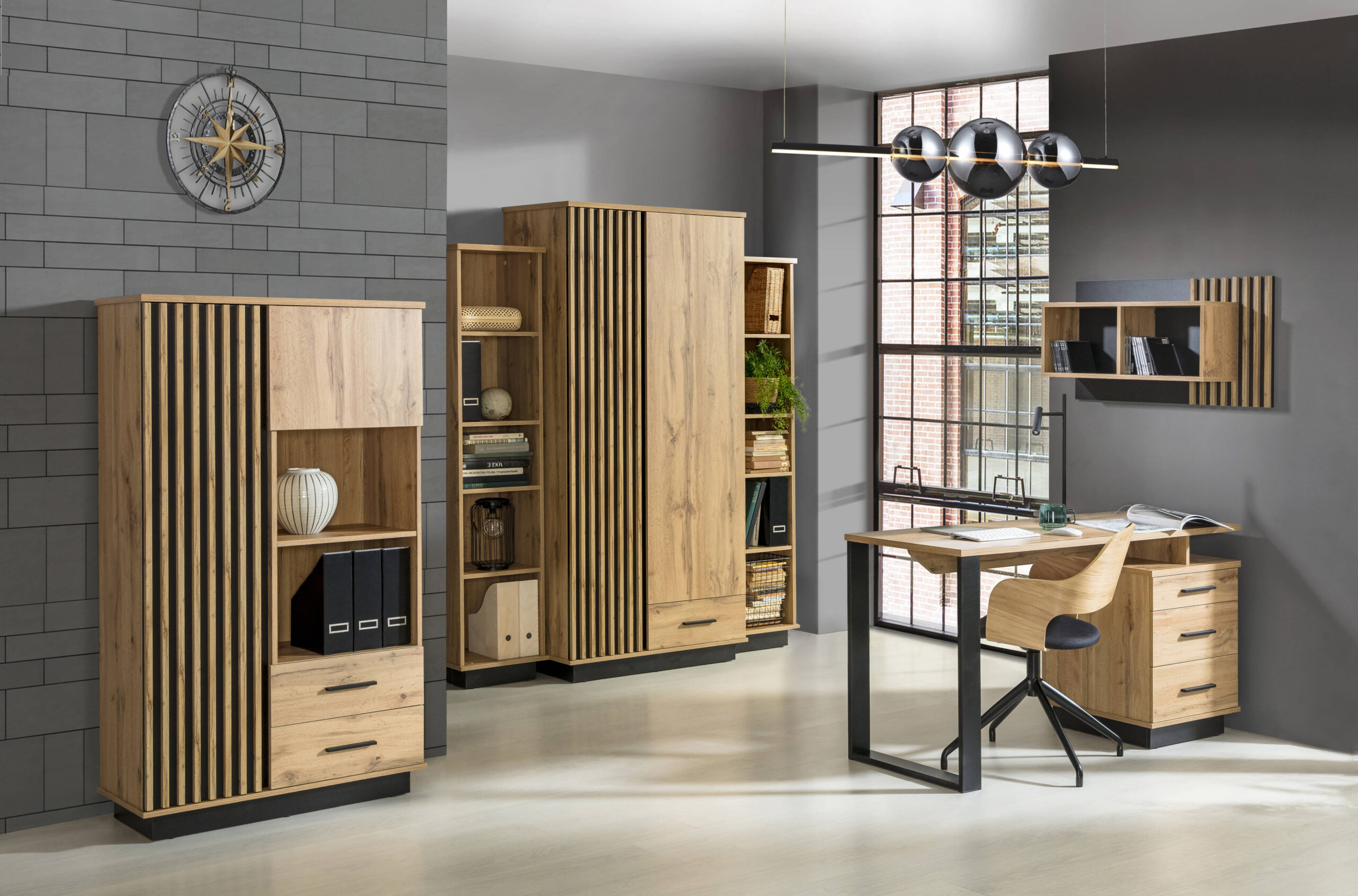 Büro Lamelo Büromöbel Komplett Set in Eiche Wotan- Schwarz