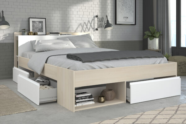 funktionales Jugendbett Most von Parisot Funktionsbett in Akazie- Weiß oder in Eiche- Schwarz mit Stauraum komplett Set - verschiedene Bettgrößen wählbar
