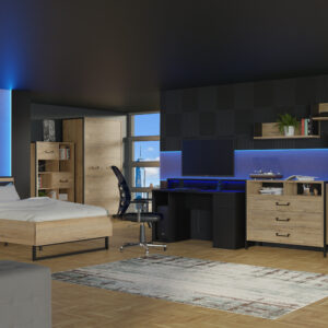 modernes Jugendzimmer Oriental Tree 7 teilig in Bartex Eiche und Schwarz Kinderzimmer Komplett Set Gamingzimmer