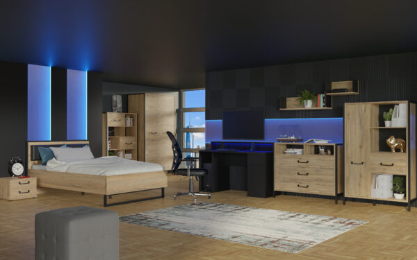modernes Jugendzimmer Oriental Tree 7 teilig in Bartex Eiche und Schwarz Kinderzimmer Komplett Set Gamingzimmer