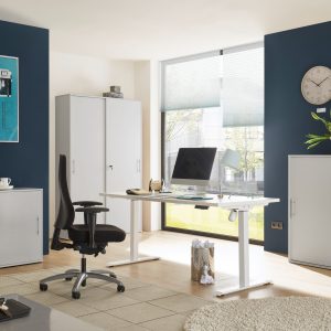 hochwertiges Büro Shove Pronto Büromöbel komplett Set 4 teilig in Grau mit elektrisch höhenverstellbaren Schreibtisch