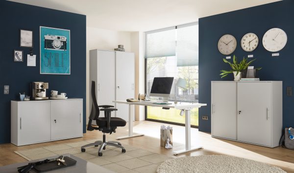 hochwertiges Büro Shove Pronto Büromöbel komplett Set 4 teilig in Grau mit elektrisch höhenverstellbaren Schreibtisch