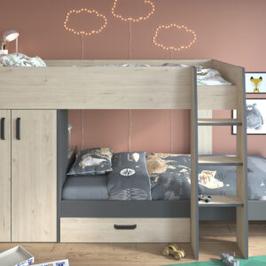 stylisches Etagenbett Stim 2 von Parisot Jugendbett Funktionsbett in Eiche Jackson und Grau 2 Liegeflächen mit 90 x 200 cm komplett Set