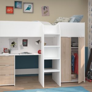 stylisches Hochbett Tom 1 von Parisot Jugendbett 90 x 200 cm in Jackson Eiche und Weiß komplett Set mit integriertem Schreibtisch und Kleiderschrank
