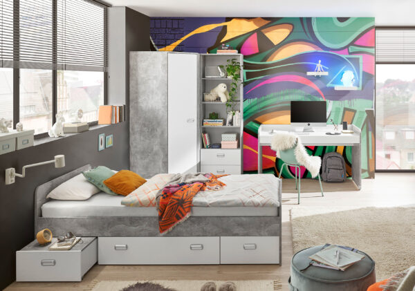 Jugendzimmer Matino 4 teilig in Beton hell und Weiß Set