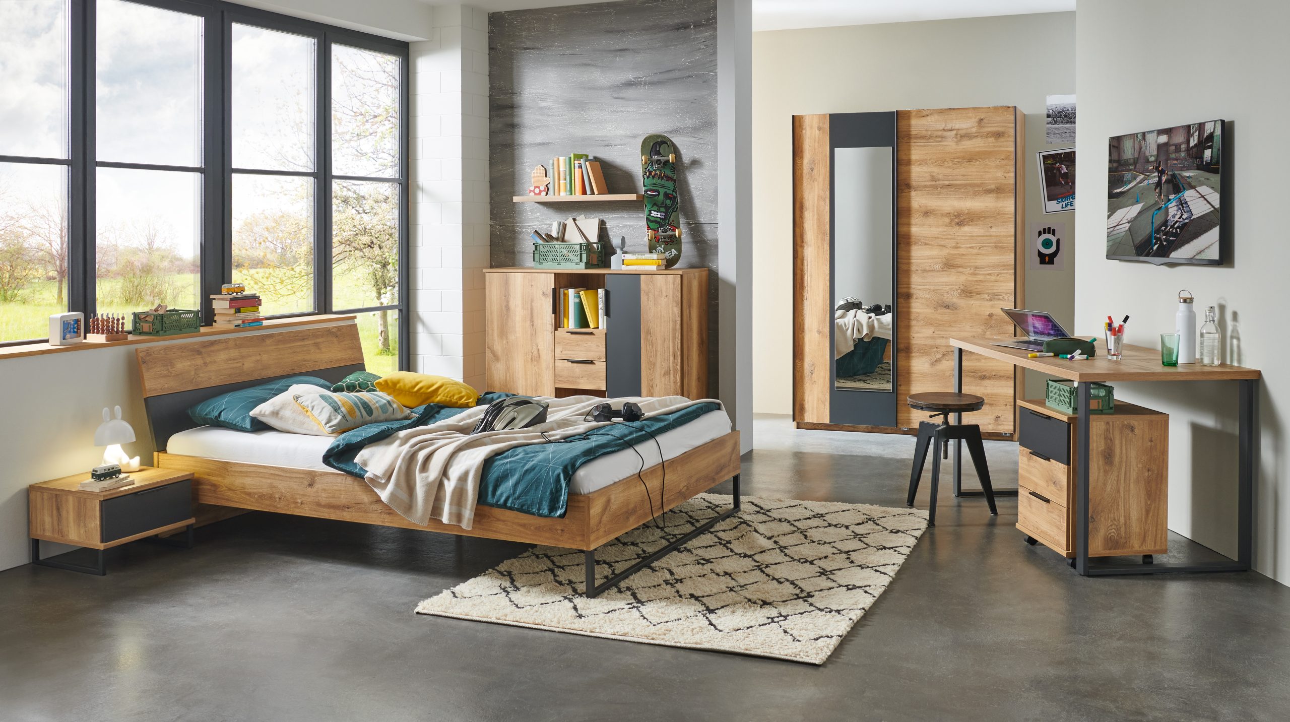 Jugendzimmer Texel Plankeneiche/Graphit – Komplett Set